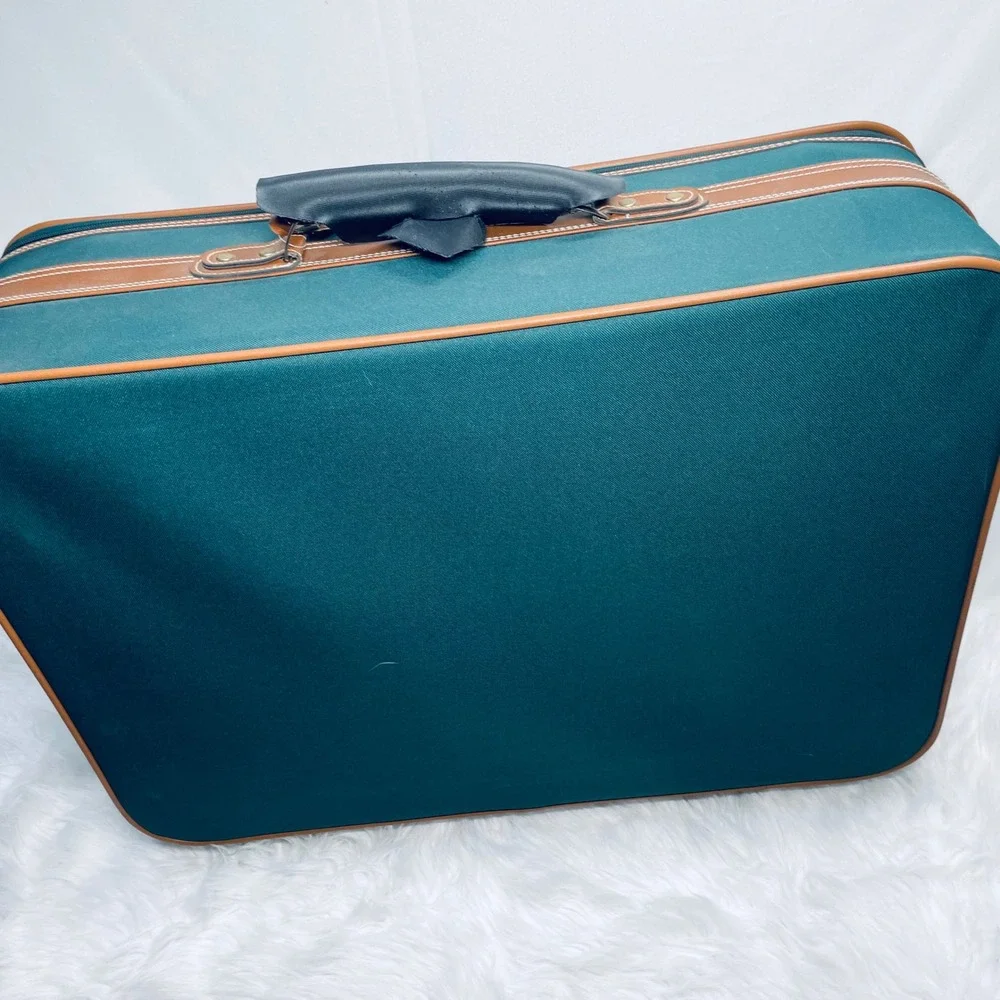 Jaguar Rolling Suitcase Green Canvas Faux Leather Large Vintage Bag